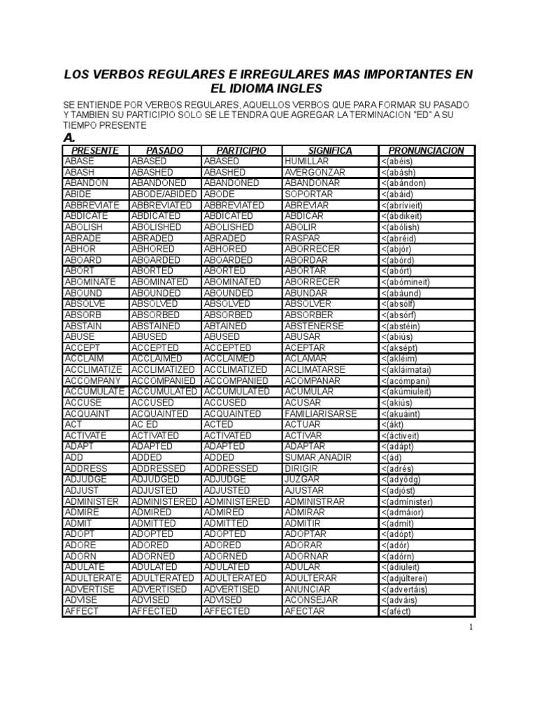 Verbos Regulares E Irregulares