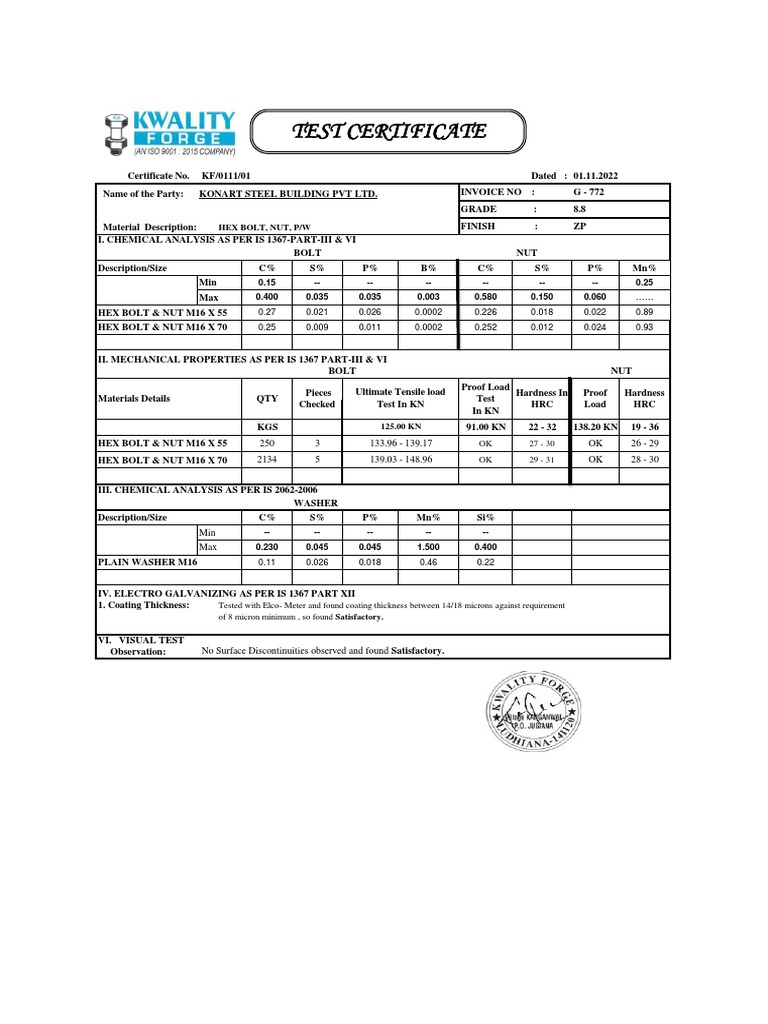 Test certificate hex bolt nut p w pdf screw materials