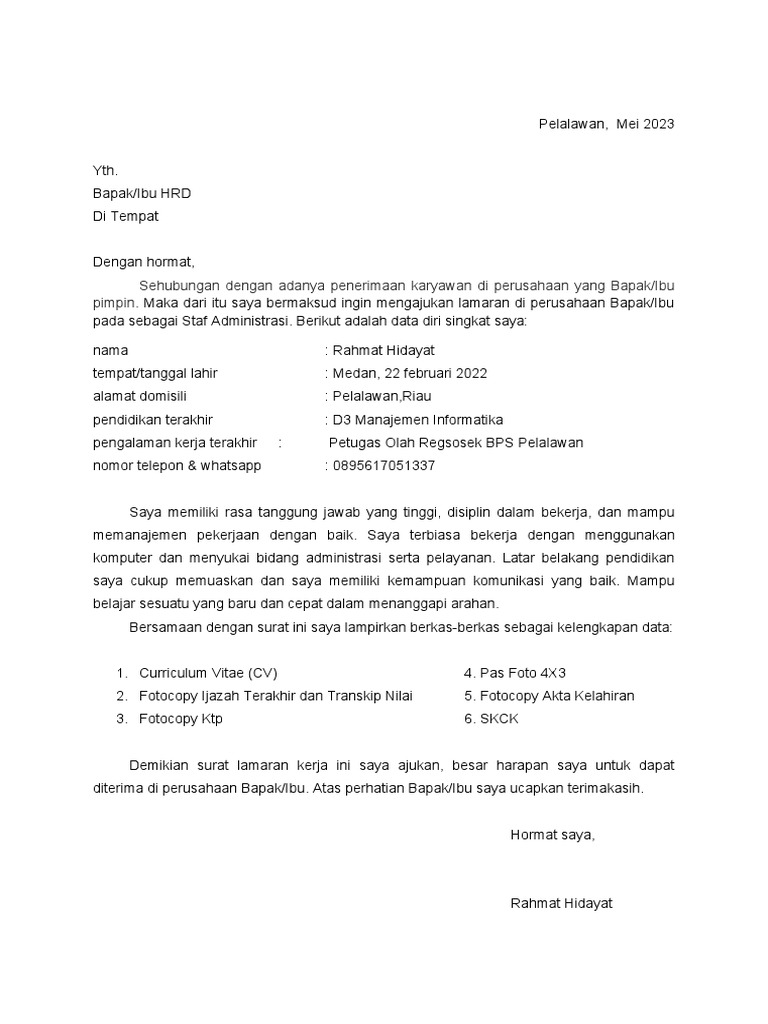 Contoh Surat Lamaran Kerja | PDF