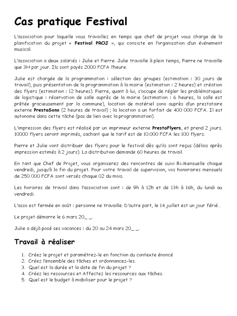Cas pratique festival ms project pdf