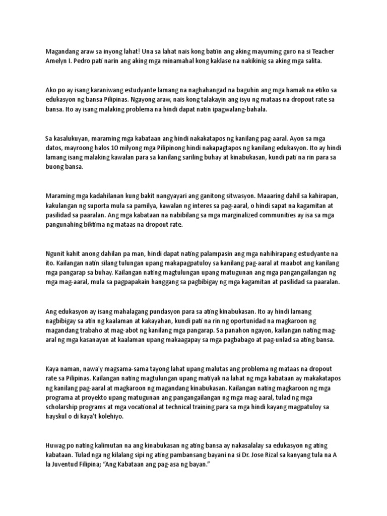 Tagalog Speech About The Struggles Of Students Pdf