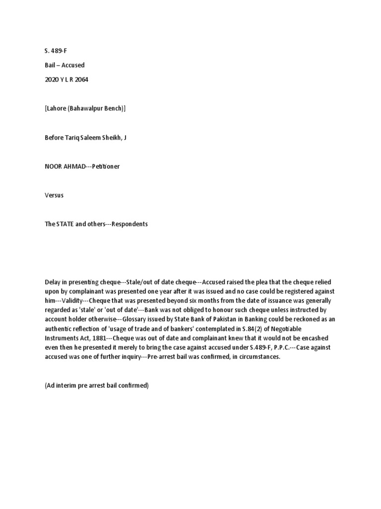 489-F PPC Bail Case Analysis | PDF | Finance & Money Management | Law