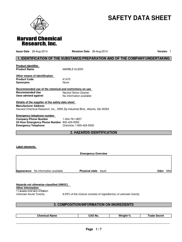 Marble Kleen SDS PDF Superfund Toxicity