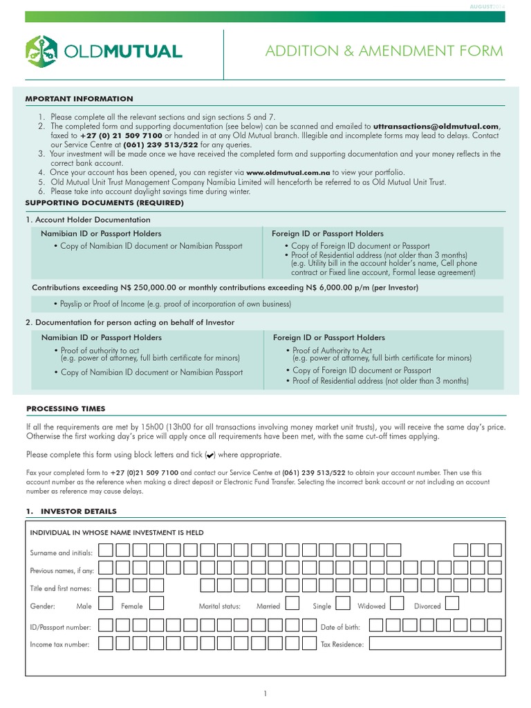 Old Mutual Addition & Amendment Form | PDF | Investment Fund | Banks