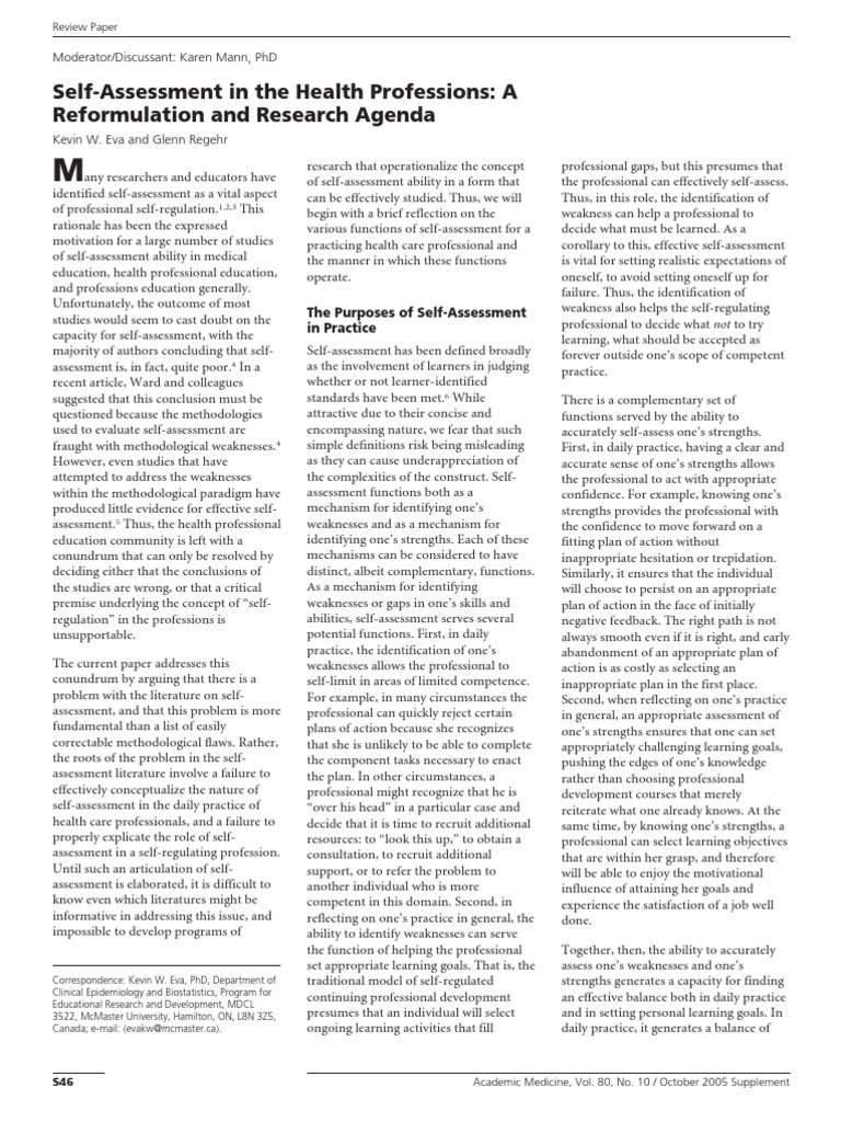 Self Assessment in The Health Professions A.15 | PDF | Self Efficacy ...