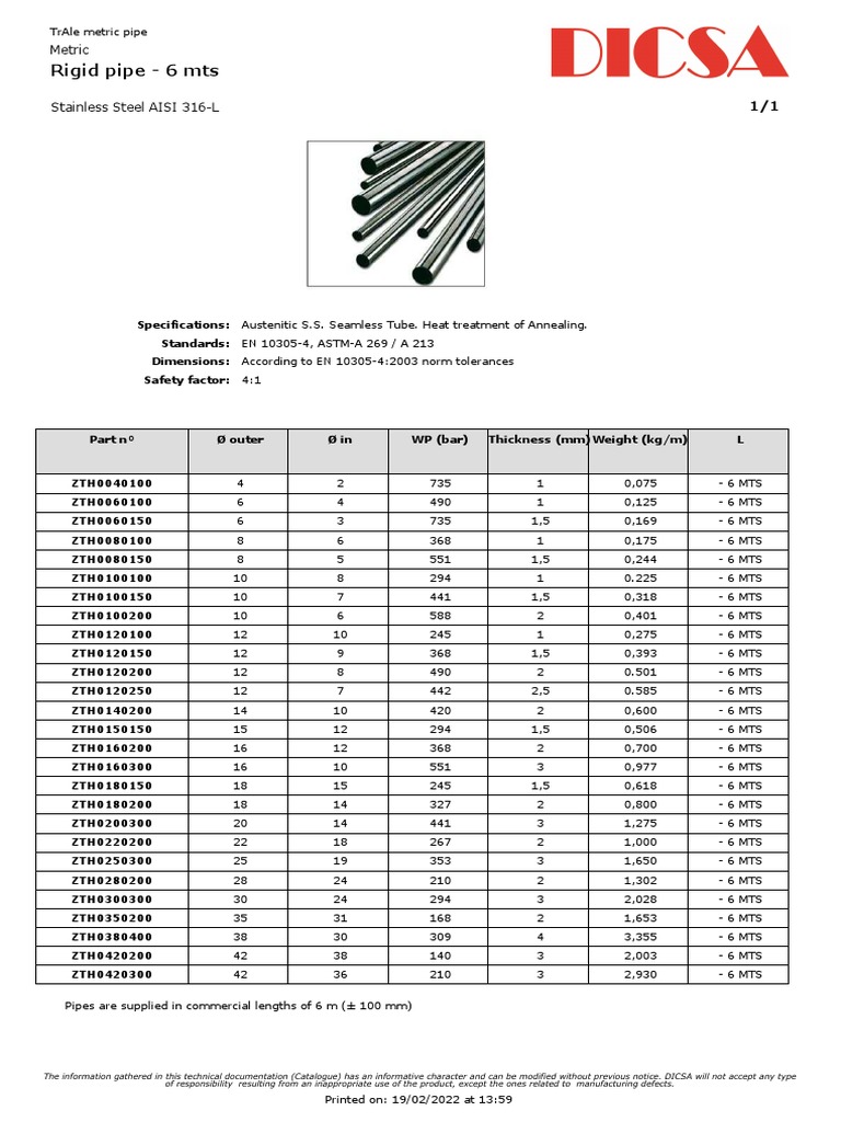 DICSA Metric Pipe Catalogue | PDF