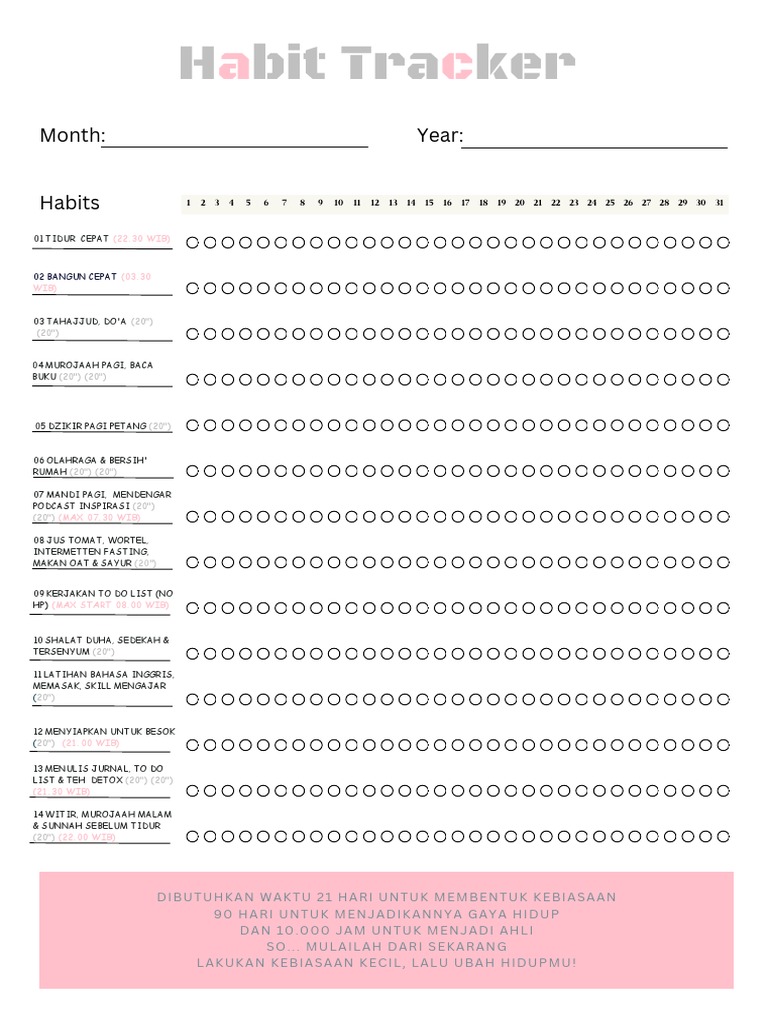 Elegant monthly habit tracker sheet pdf