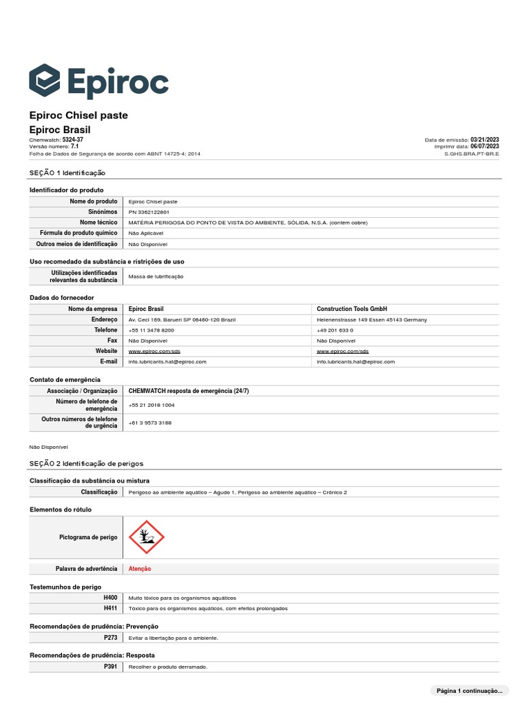Epiroc Chisel Paste BRA PTBR PDF Combustão Natureza
