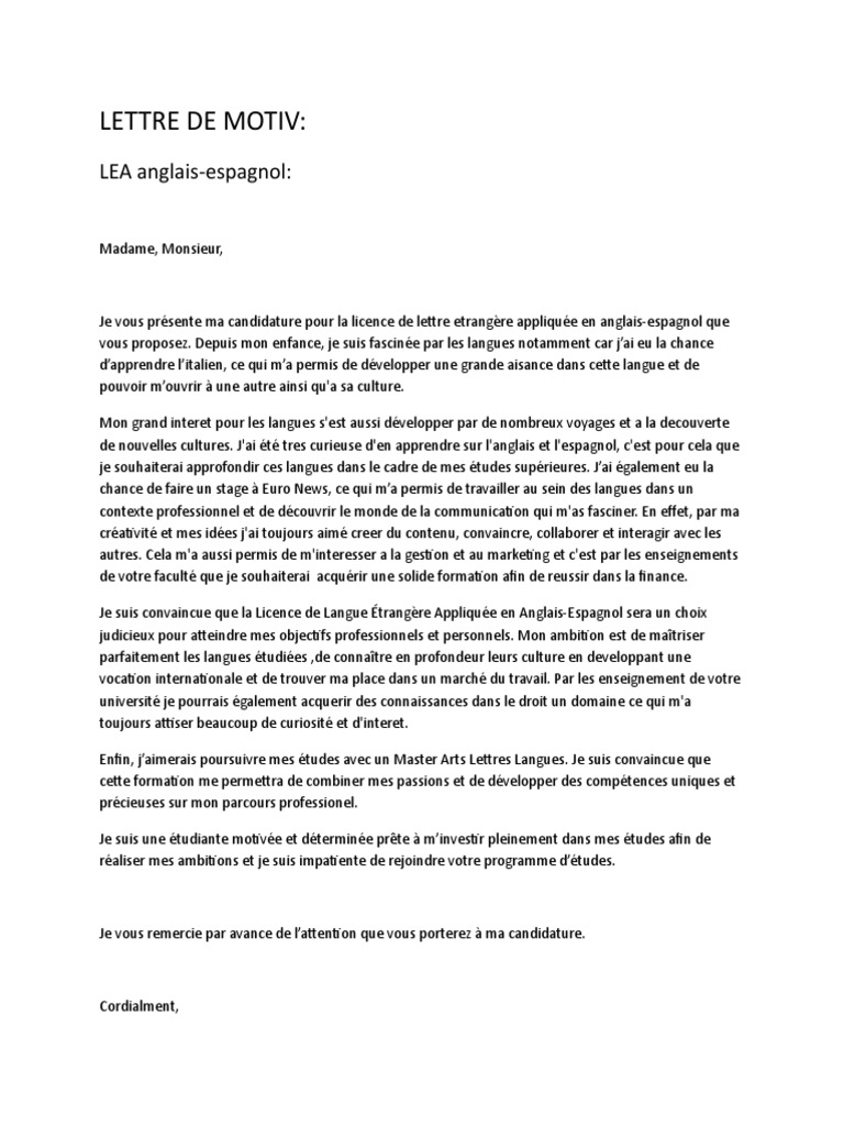 Lettre de Motiv:: LEA Anglais-Espagnol | PDF