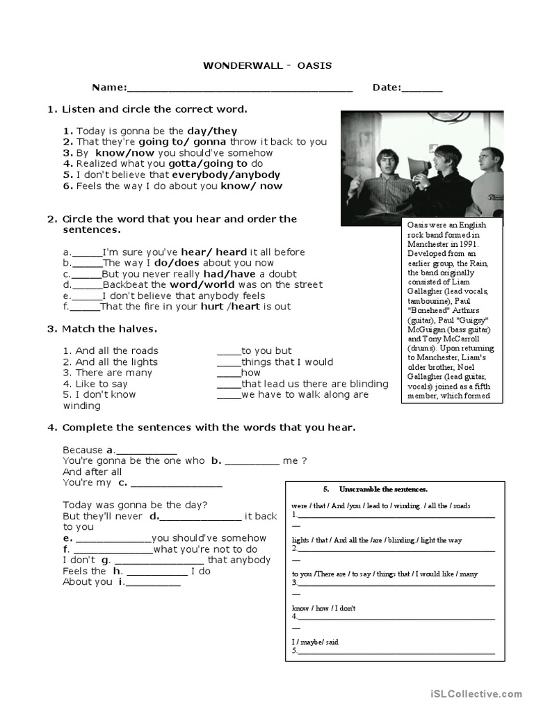 Oasis Wonderwall Lyrics Activity | PDF