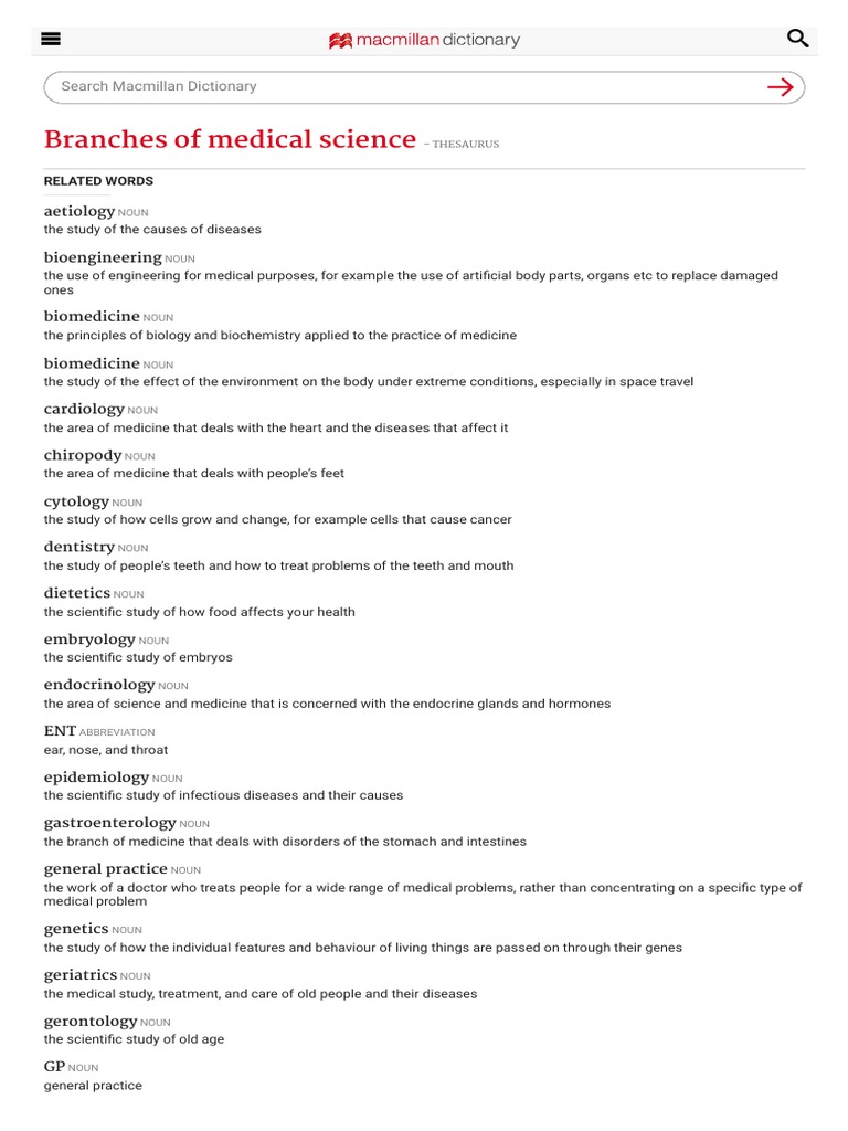 Branches of Medical Science Synonyms and Related Words Macmillan Dictionary PDF