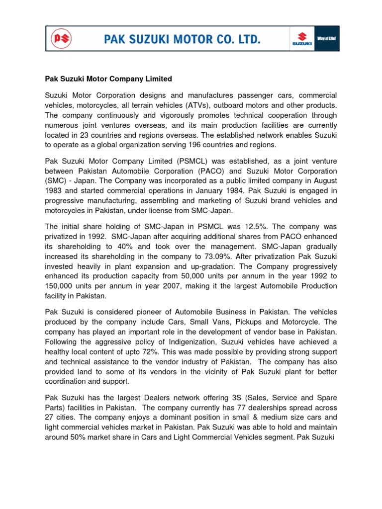 Pak Suzuki Motor Company Limited Success Story Pdf Pakistan Car