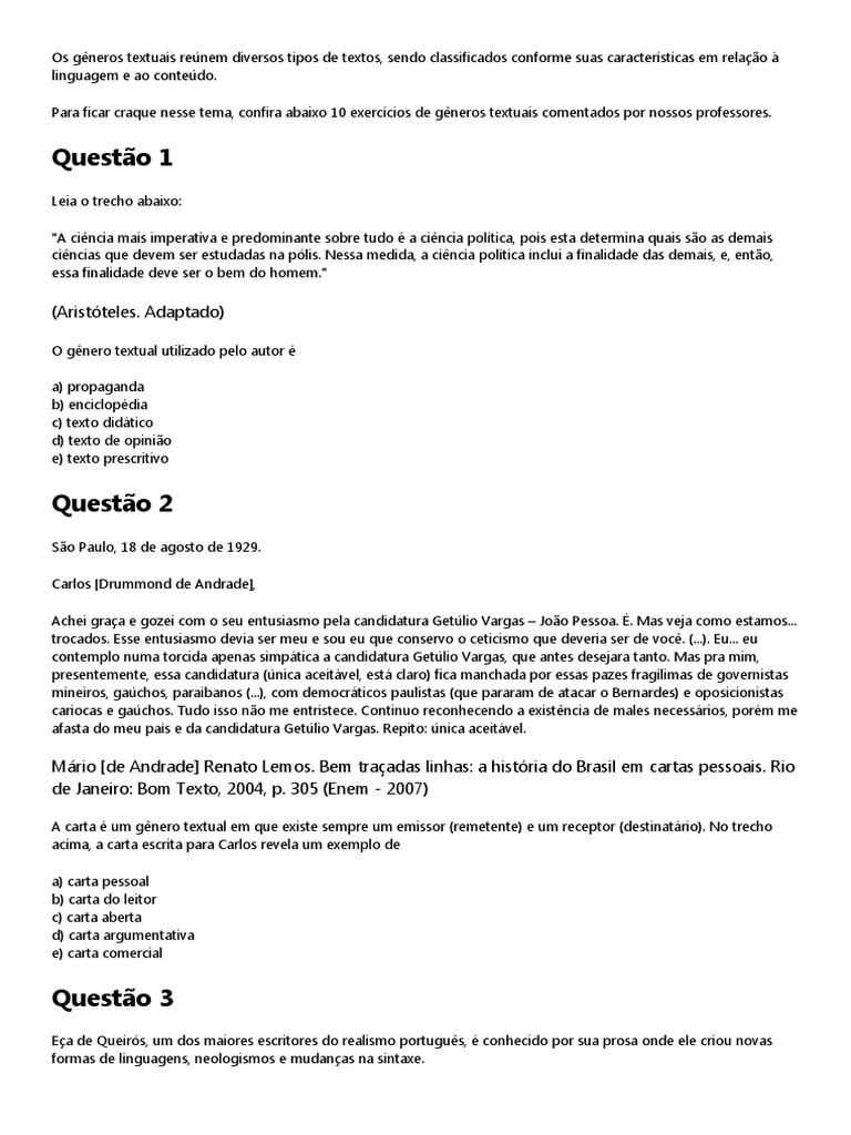 Exercícios de Gêneros Textuais com Gabarito | PDF | Juvenil