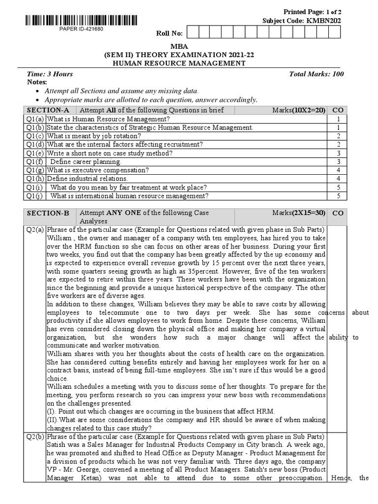 Mba 2 Sem Human Resource Management Kmbn202 2022 | PDF