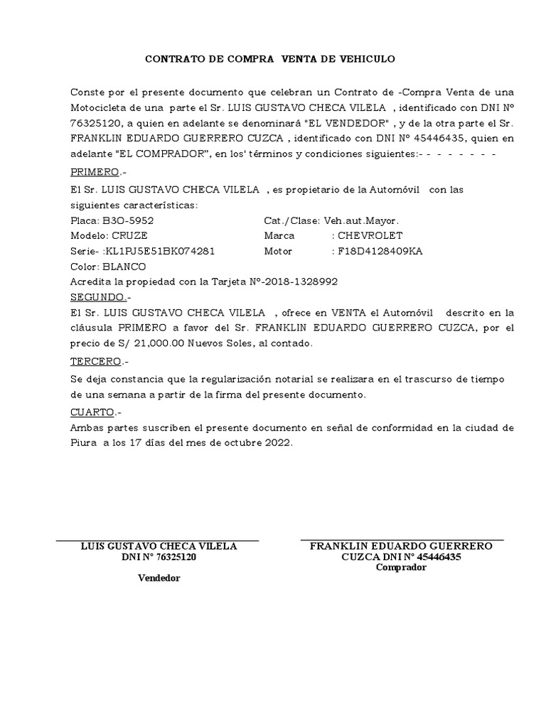 Contrato de Compra Venta de Motocicleta | PDF | Negocios | Finanzas y ...