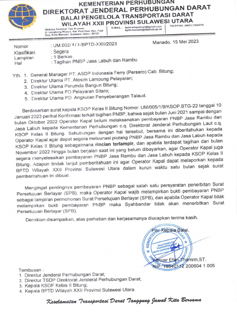 BPTD XXII - Tagihan PNBP Jasa Labuha Dan Rambu | PDF