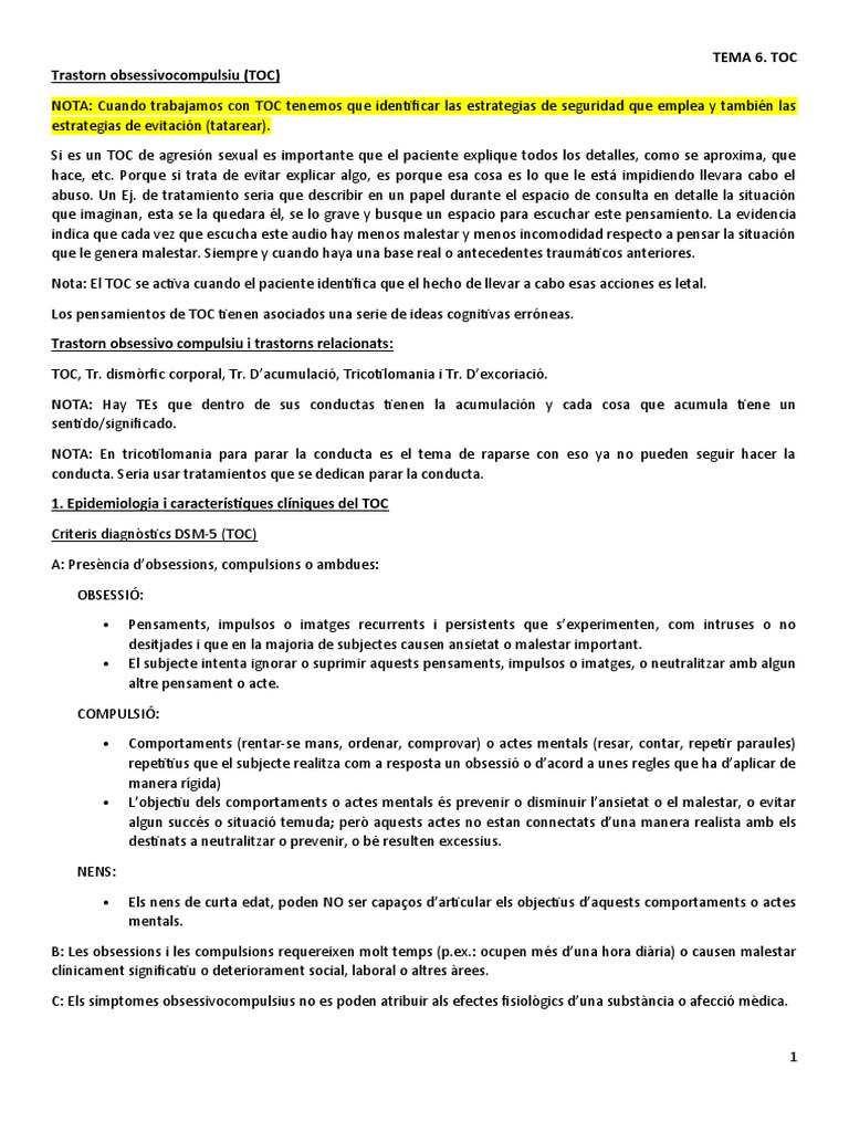 Tema 6. Toc Trastorn Obsessivocompulsiu (TOC) | PDF | Desorden obsesivo ...