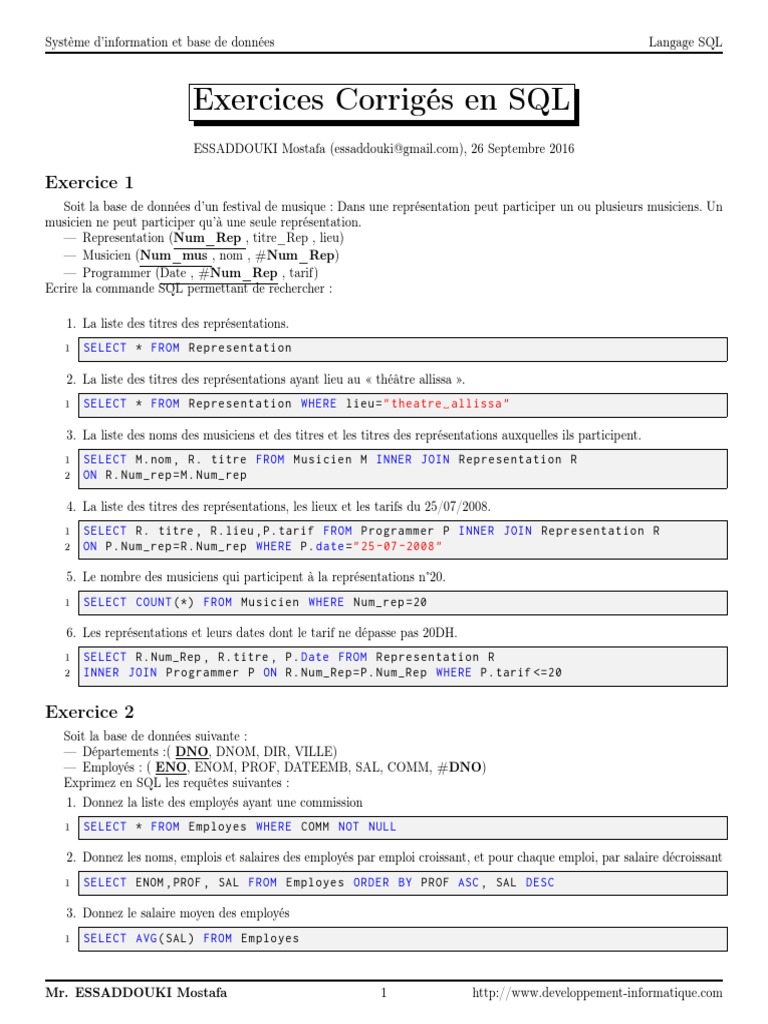 Exercices Corrigés en SQL | PDF | SQL | Microsoft Access