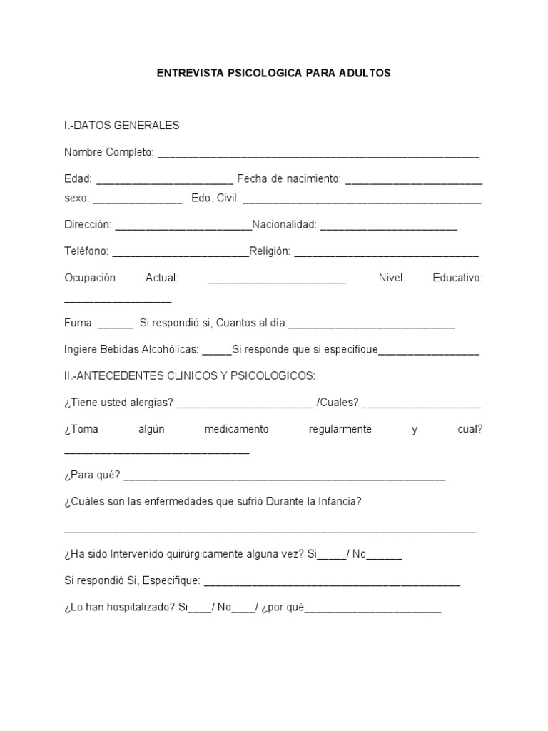 Entrevista Psicologica para Adultos | PDF | Medicina CLINICA | Causas ...
