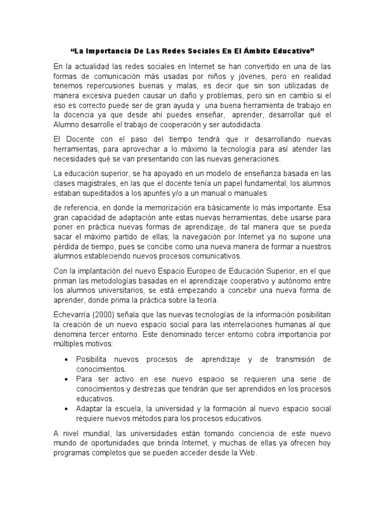 La Importancia de Las Redes Sociales en El Ámbito Educativo | PDF ...