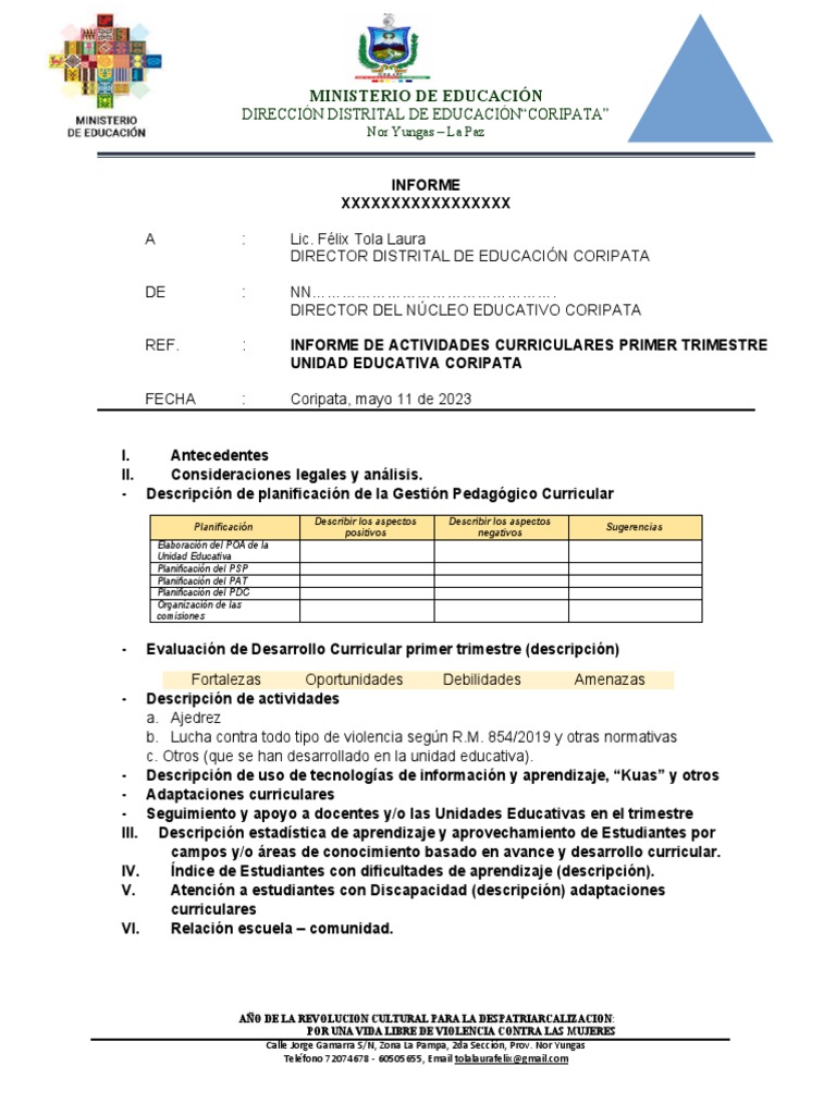 Formato de Informe Primer Trimestre Coripata | PDF