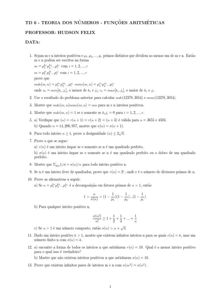 Funções Aritméticas na Teoria dos Números | PDF