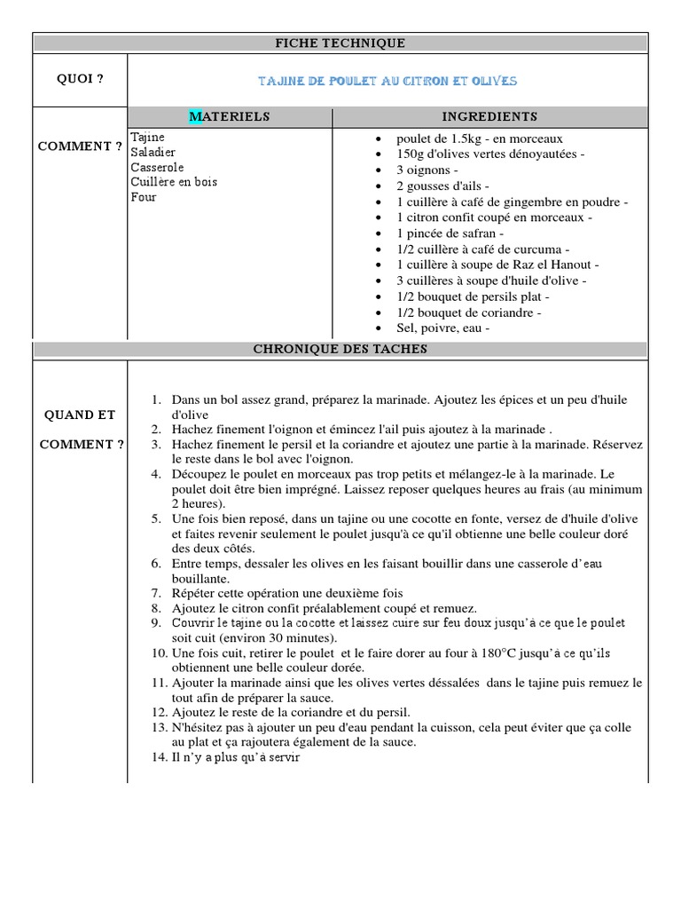 FICHE TECHNIQUE Tajine Au Poulet PDF