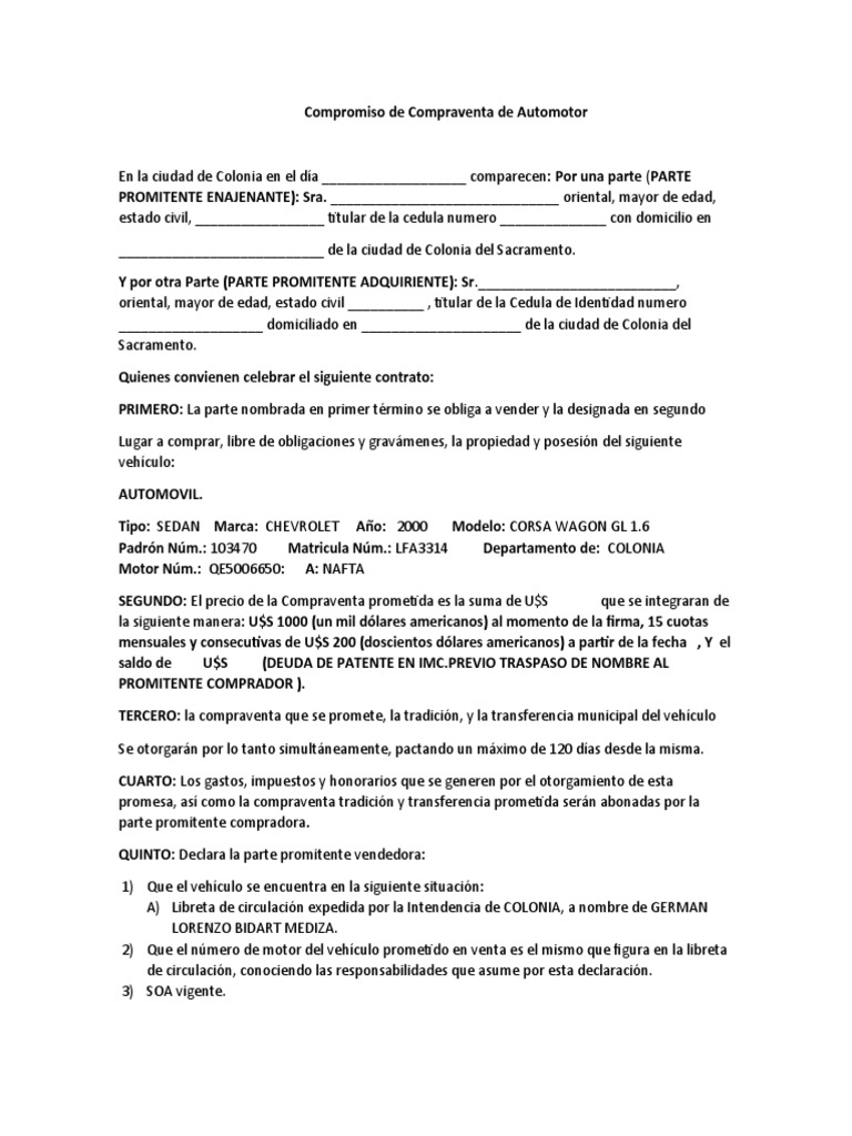 Compromiso de Compraventa de Automotor | PDF