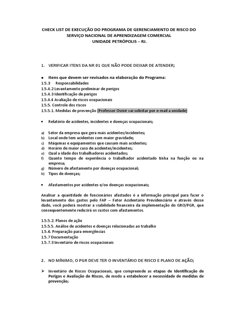 Check List PGR: Gerenciamento de Risco | PDF | Computadores