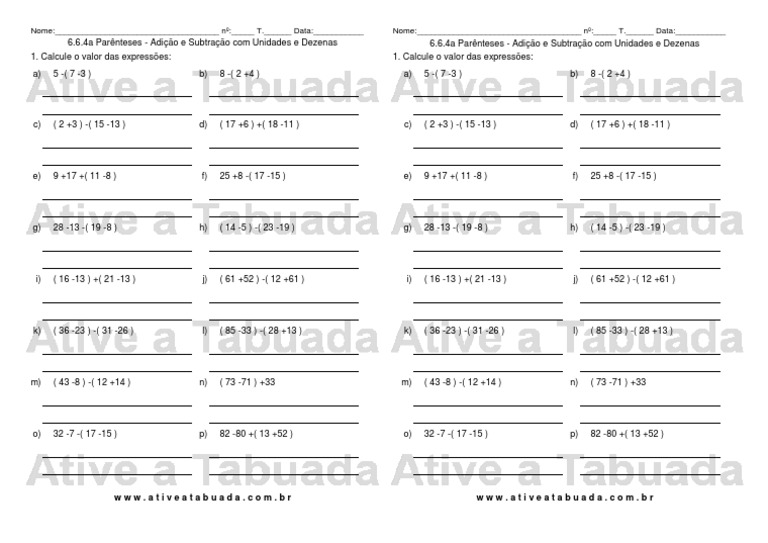 D 6 6 4a Parenteses Adicao e Subtracao Com Unidades e Dezenas | PDF