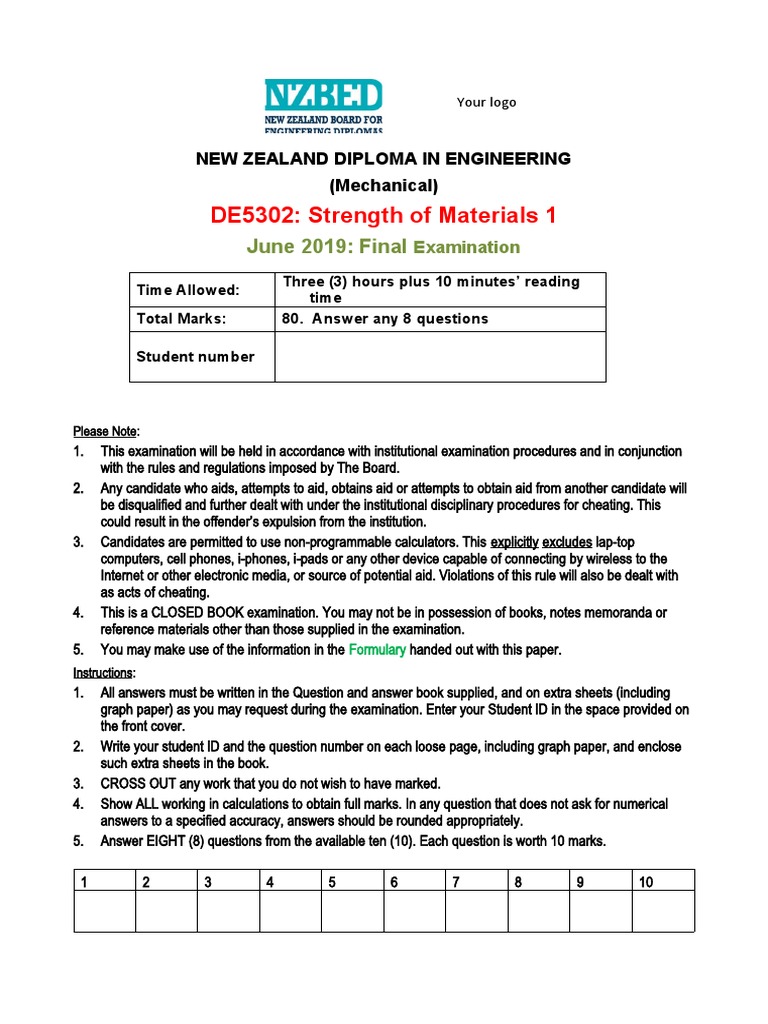 NZ Diploma Engineering Exam: Strength of Materials | PDF | Beam ...