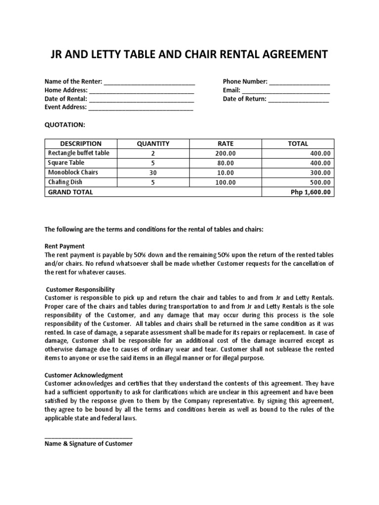 JR and Letty Table and Chair Rental Agreement PDF