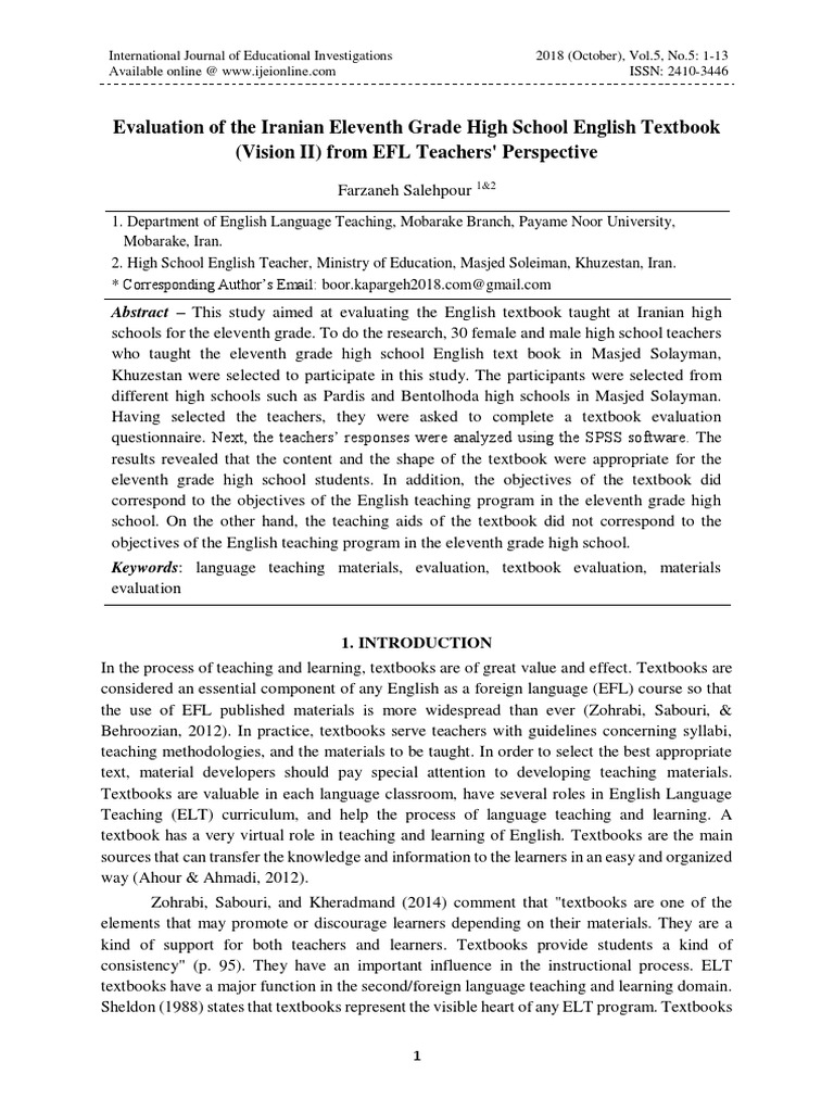 Evaluation of Iranian High School English Textbook | PDF | Statistical ...