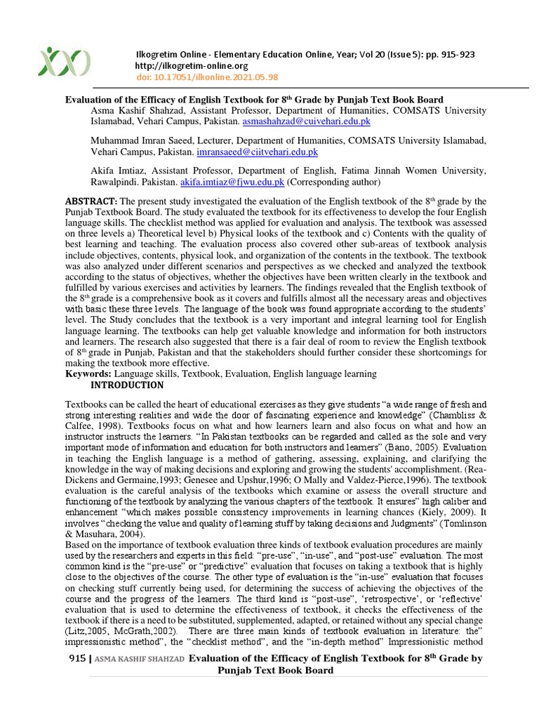 Evaluation of The Efficacy of English Textbook For 8 | PDF | Learning ...