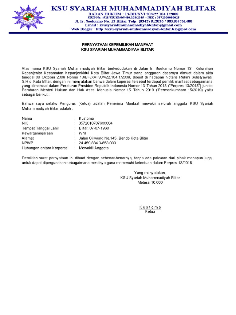 Surat Pernyataan Beneficial Ownership di koperasi 1 PDF