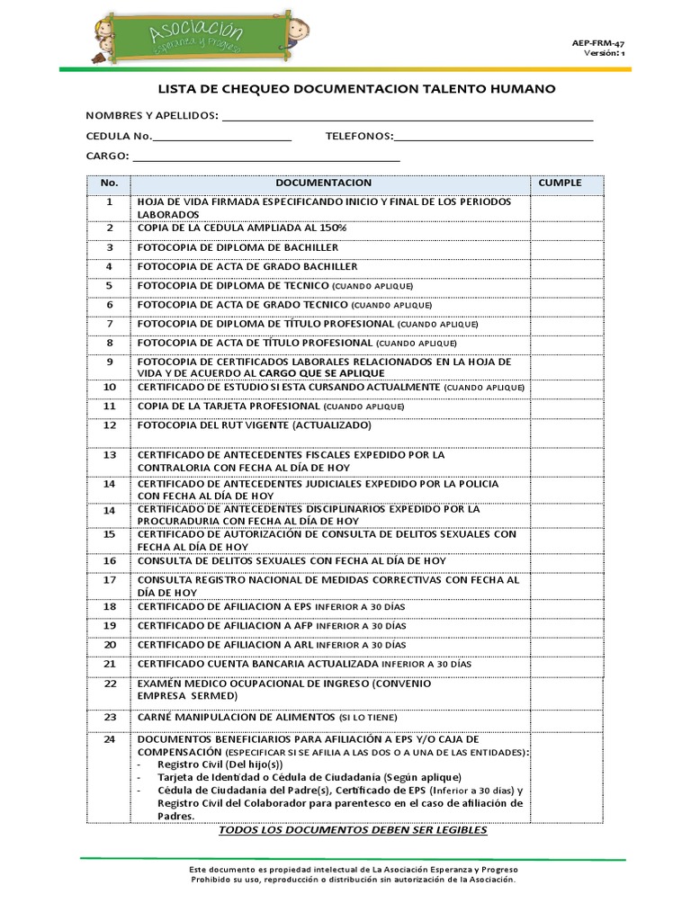 Lista de Chequeo Documentacion Talento Humano 2022-2 | PDF