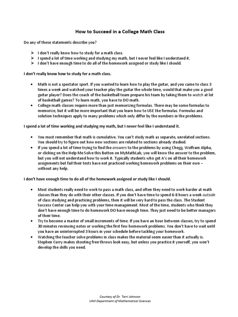 How to succeed in a college math class pdf homework mathematics