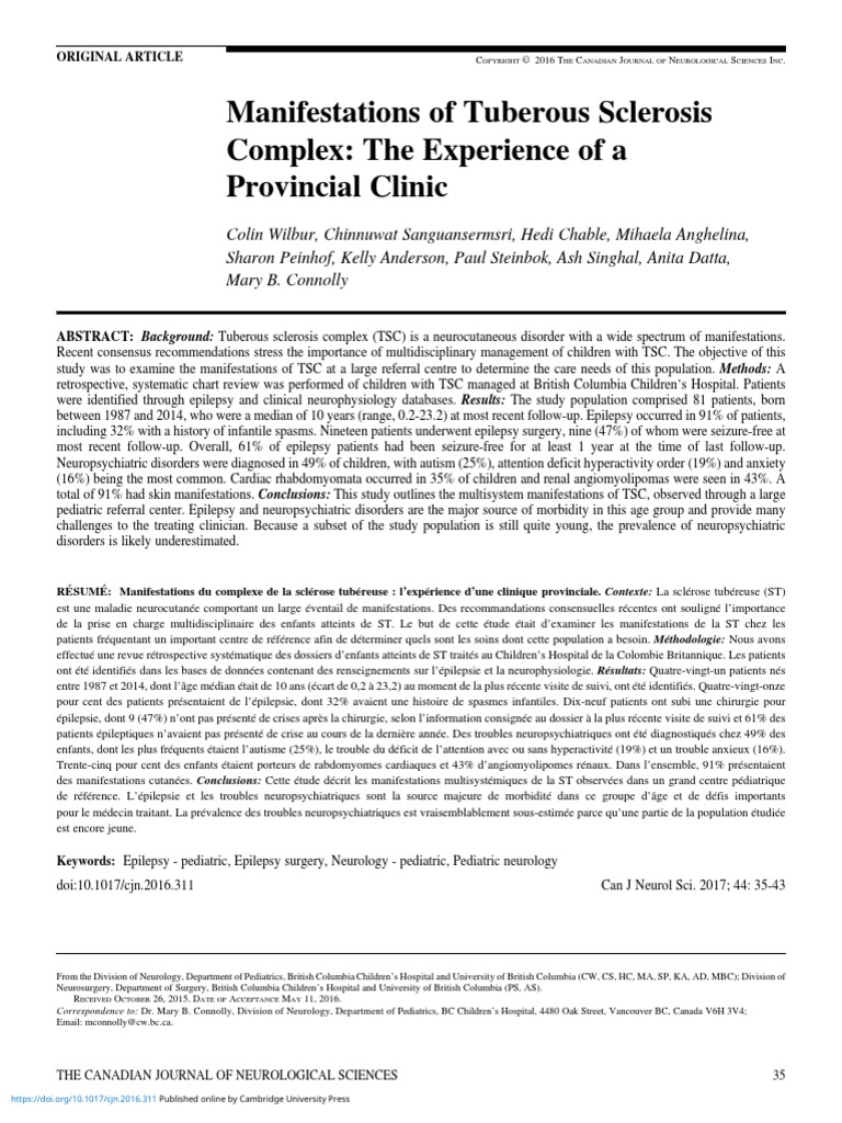 Manifestations of Tuberous Sclerosis Complex The Experience of A ...