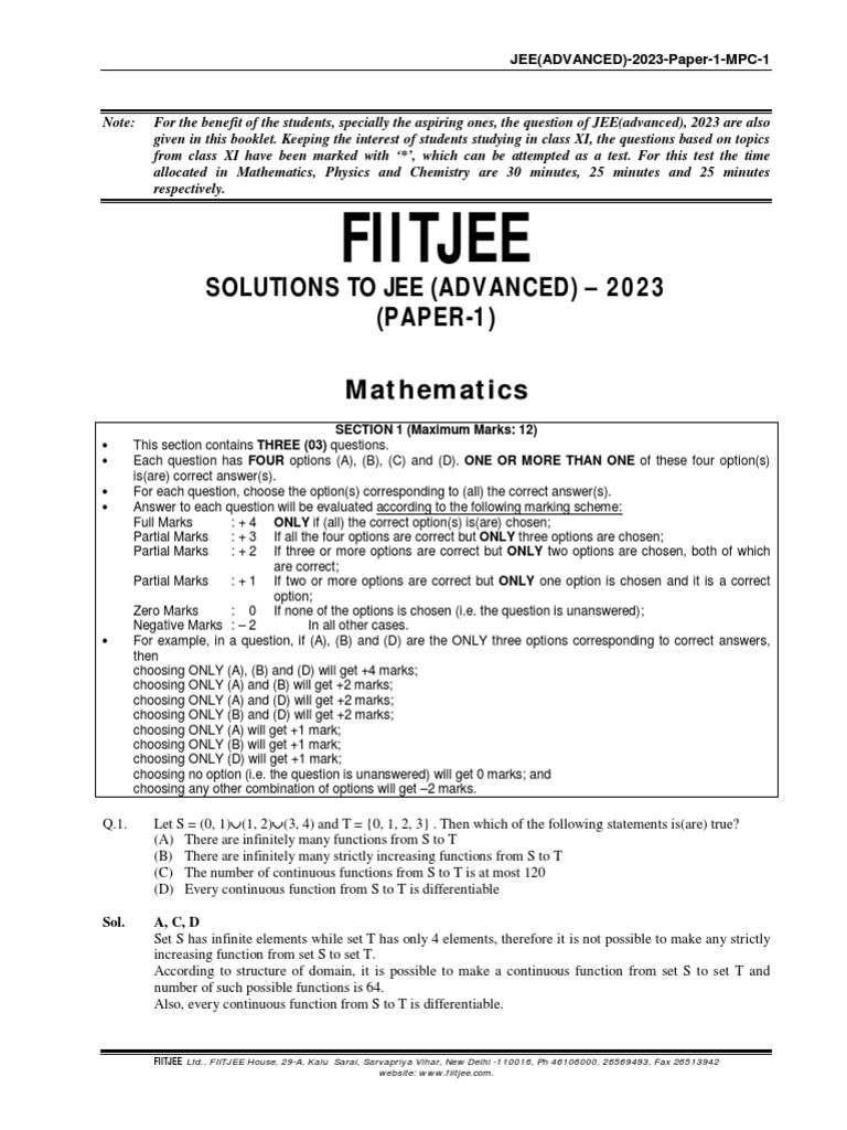Solution For JEE ADVANCED Paper 1 PDF