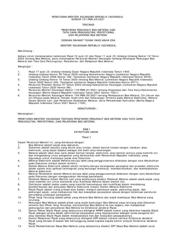 PMK 151 - PMK.03 - 2021 Penetapan Pemungut Bea Meterai Dan Tata Cara