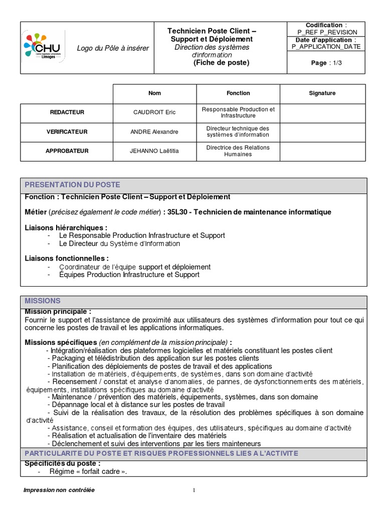 Fiche de Poste Technicien Poste Client - Support Et Deploiement v2 ...