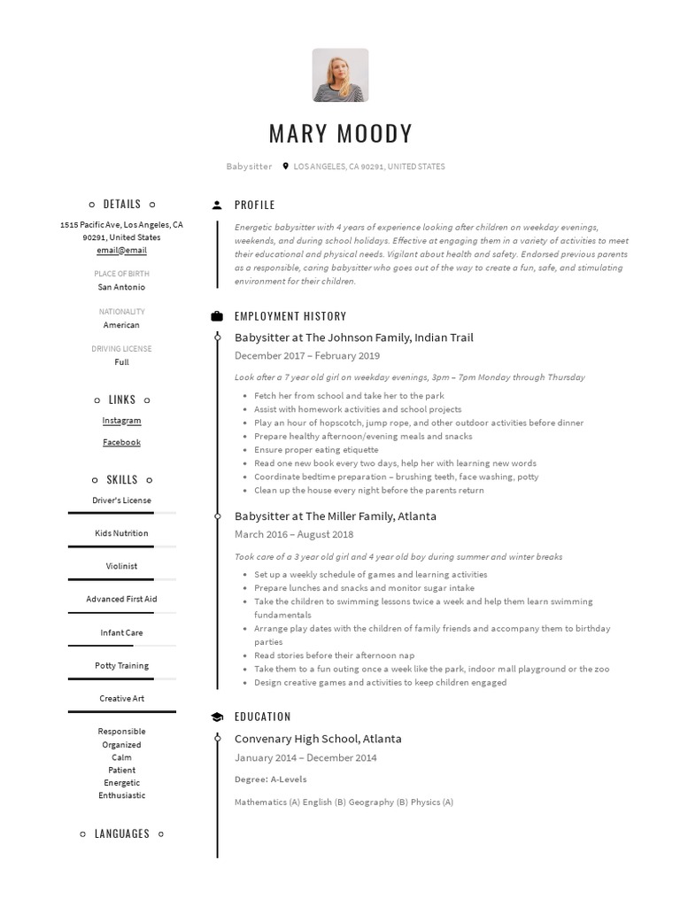 Mary Moody Babysitter Resume 1 PDF Language Arts Discipline