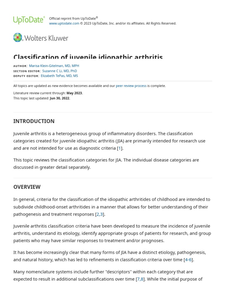 Classification of Juvenile Idiopathic Arthritis UpToDate PDF