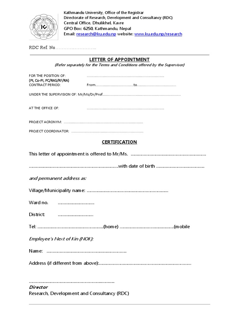 RDC Appointment Letter Template | PDF