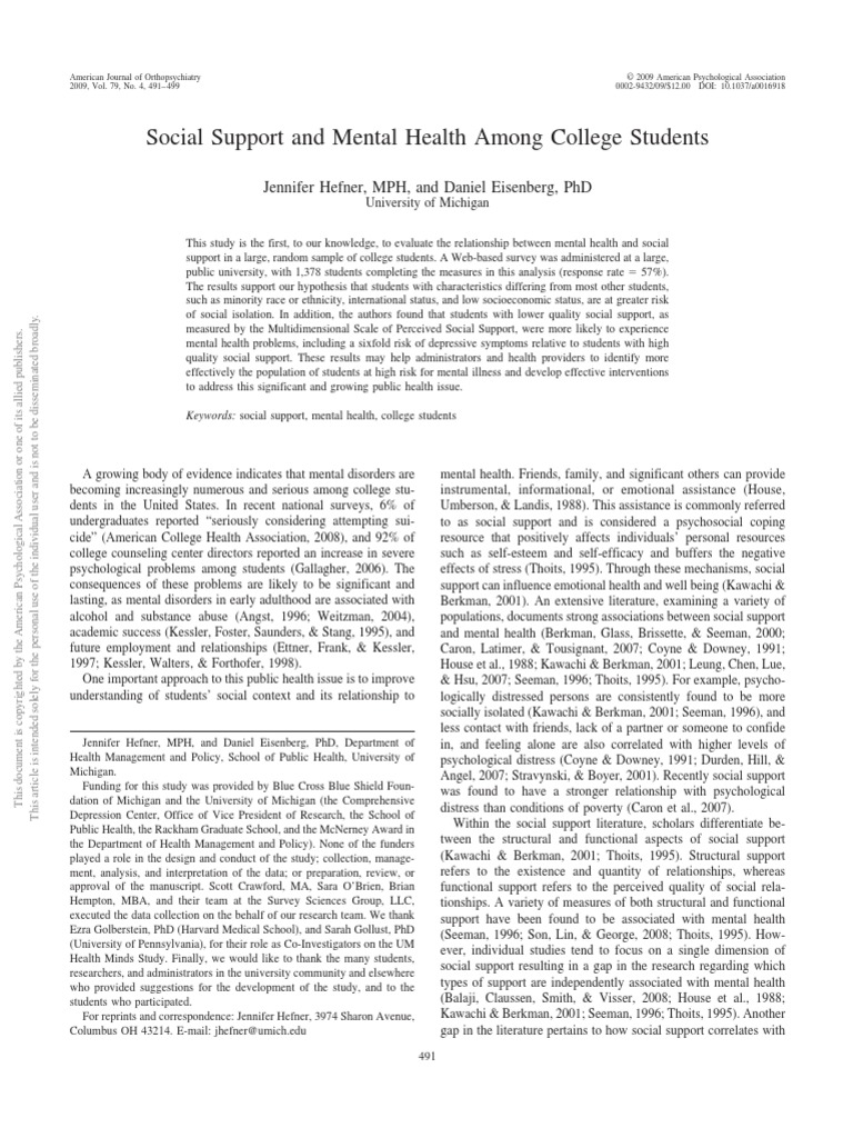 Social Support and Mental Health Among College Students | PDF | Social ...