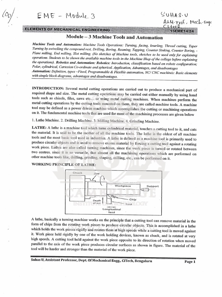 Machine Tools and Automation Machine Tools Operations Mod-3 | PDF ...