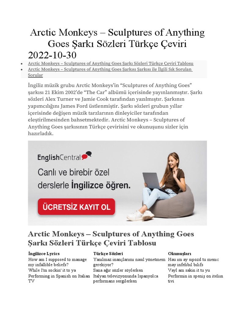 Arctic Monkeys Sculptures of Anything Goes Şarkı Sözleri Türkçe