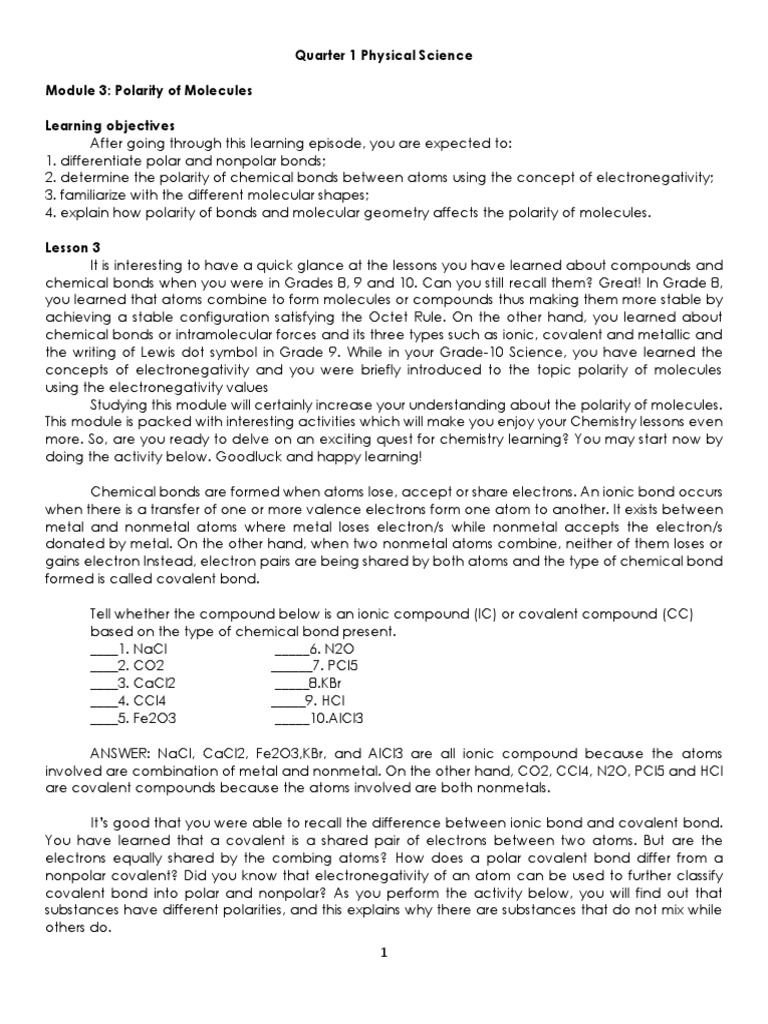 Understanding Molecular Polarity | PDF | Chemical Polarity | Chemical Bond