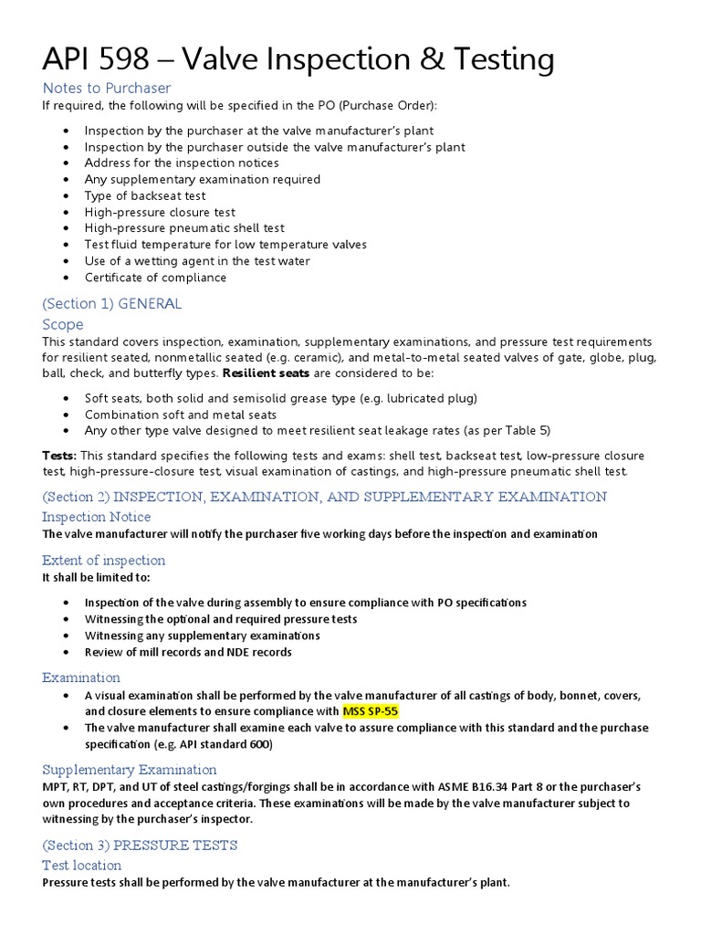 Notes API 598 Valve Inspection & Testing PDF Valve Leak