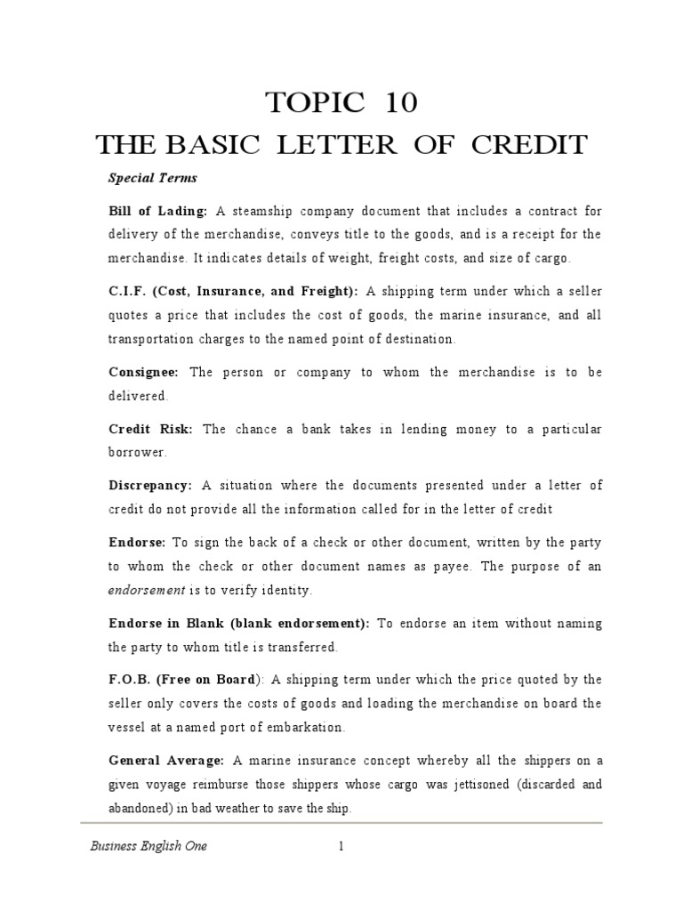 TOPIC 10. THE BASIC LETTER OF CREDIT PDF Letter Of Credit Bill Of